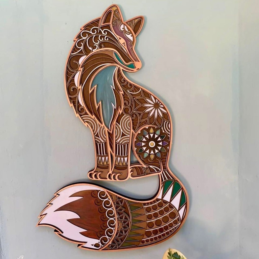 Layered hardwood fox wall art